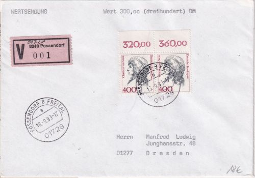 BRD - 400 Pfg. Frauen Paar/Oberrand Wertbrief Possendorf - Dresden 1993