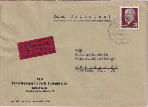 DDR - 70 Pfg. Ulbricht Eilbrief Luckenwalde - Leipzig 1964