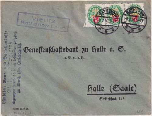 DR - 3x5 Pfg. Nothilfe/Wappen Landpost-Ra2 Vieritz Rathenow Land Brief 1930