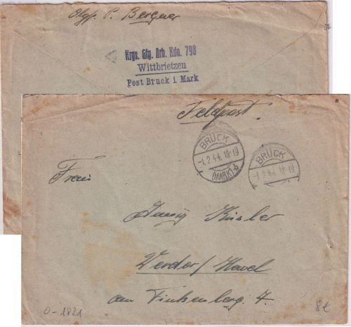 DR - Wittbrietzen Post Brück Krgs.Gfg.Arb.Kdo.798 Feldpostbrief n. Werder 1.2.44
