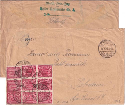 DR-Infla - 2x10+7x40 Pfg. Ziffer Militaria-Dienstbrief Döberitz Übungsplatz 1922