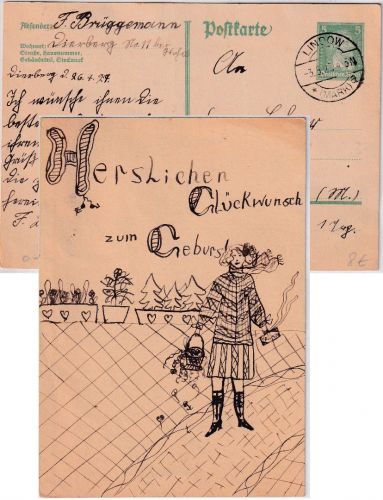 DR - Lindow 1927 5 Pfg. Ganzsache/Ortskarte orig. Tintenzeichnung/Geburtstag