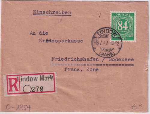 All.Bes. - 84 Pfg. Ziffer Einschreibebrief Lindow (Mark) - Friedrichshafen 1947