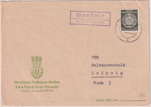 DDR - Seefeld ü. Pritzwalk Landpost-Ra2 20 Pfg. Dienstbrief n. Leipzig 1959