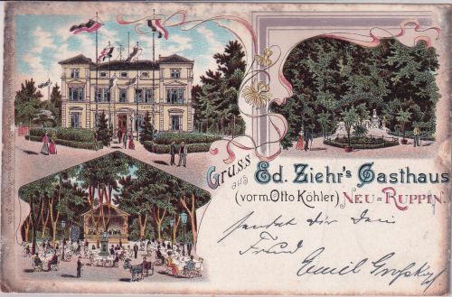 Brandenburg - Neu-Ruppin Ed. Ziehr's Gasthaus Mehrbild-Farblitho gelaufen 1901