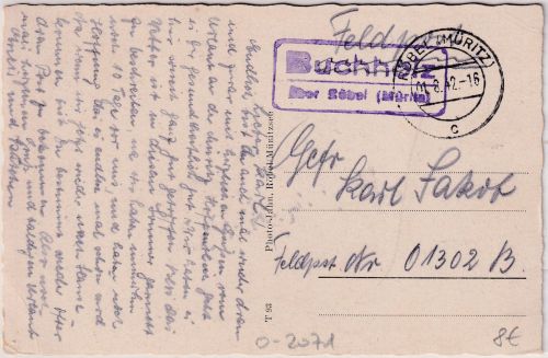 DR - Buchholz ü. Röbel (Müritz) Landpost-Ra2 Feldpostkarte an Fp.Nr. 01302B 1942
