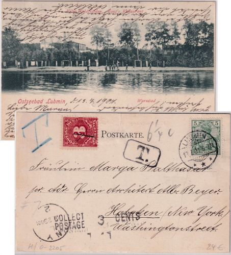 DR - 5 Pfg. Germania/Reichspost Karte n. USA Lubmin Hoboken 1901 3 C. Nachporto