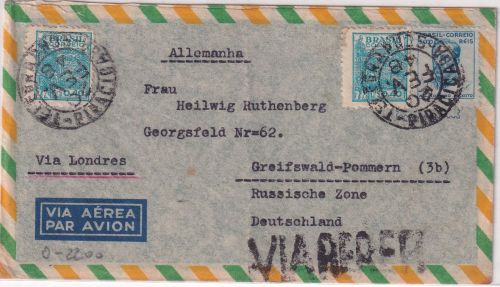 Brasilien/SBZ - Piracicaba 20.2.48 Luftpostbrief "via London" n. Greifswald