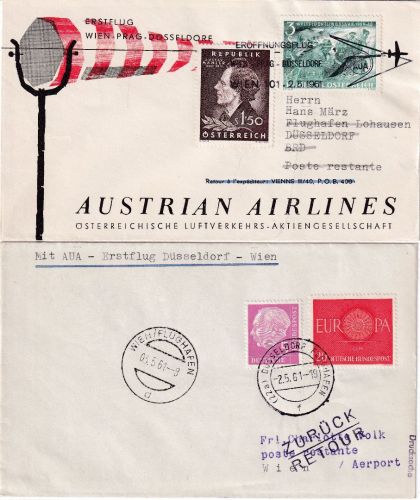 Österreich/BRD - AUA Erstflug Wien Düsseldorf u. retour 2 Briefe 2.5.61
