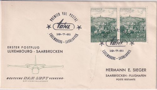 Luxemburg - DNL Erstflug Luxemburg Saarbrücken Schmuckkuvert 19.7.61