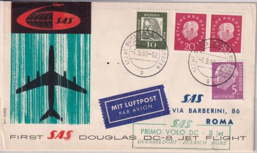 BRD - SAS Erstflug Douglas DC8 Düsseldorf Rom Schmuckkuvert 7.9.61