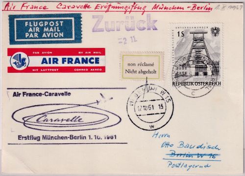 Österreich - Air France Caravelle Erstflug Zuleitung !! München - Berlin 1.10.61