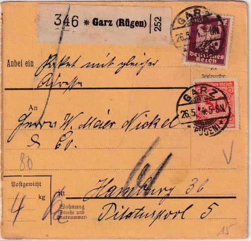 DR - 50+30 Pfg. Korbdeckel/Adler Paketkarte Garz (Rügen) - Hamburg 1924