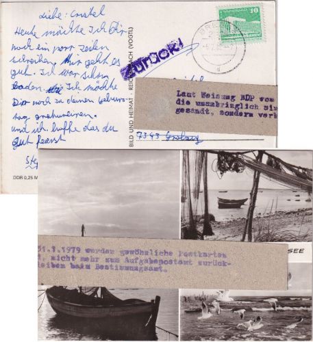DDR - Breege1983 Karte n. Grolzig - Retourvermerk/Hinweiszettel