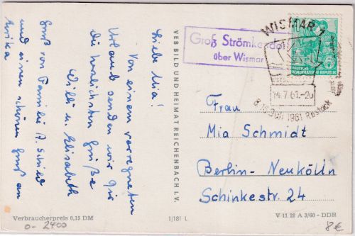 DDR - Groß Strömkendorf ü. Wismar Landpost-Ra2 Karte n. Berlin 1961