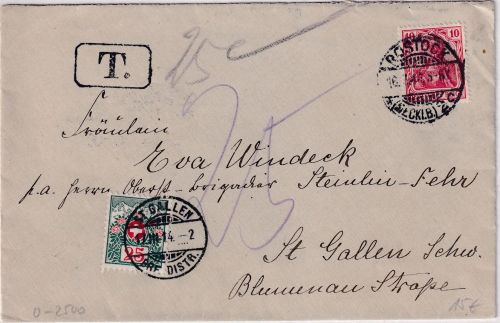 DR - 10 Pfg. Germania Brief i.d. SCHWEIZ Rostock - St.Gallen 1914 Nachporto