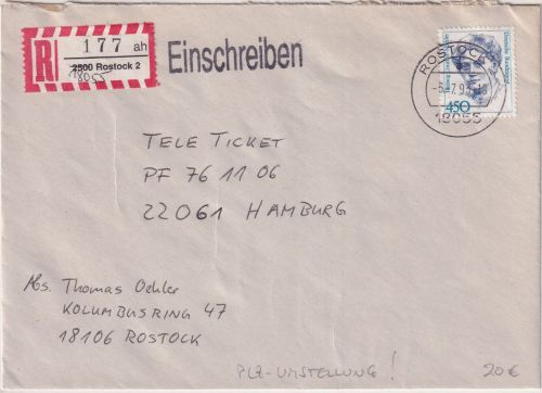BRD - 450 Pfg. Frauen Einschreibebrief Rostock - Hamburg 1993 Aushilfs-R-Zettel
