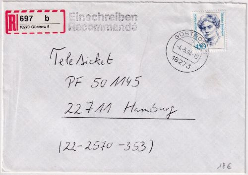 BRD - 450 Pfg. Frauen Einschreibebrief Güstrow 5 - Hamburg 1994 R-Zettel !