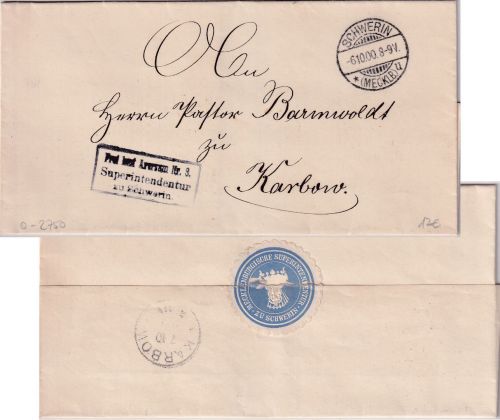 DR - Schwerin 1900 Frei lt. Avers No.3 (Superintendantur) Dienstbrief n. Karbow