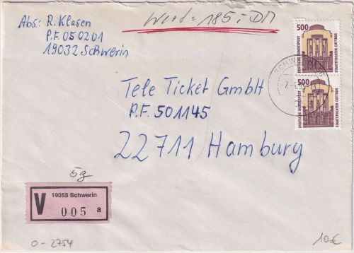 BRD - 2x500 Pfg. SWK Wertbrief Schwerin - Hamburg 1995