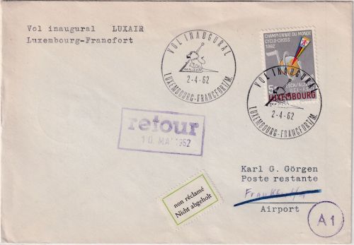 Luxemburg - Luxair Erstflug Luxembourg - Frankfurt a/M 2.4.62 Retouraufkleber