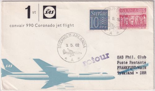 Schweden - SAS Coronado Erstflug Stockholm Frankfurt a/M. 3.5.62 Schmuckkuvert