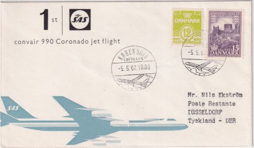Dänemark - SAS Coronado Erstflug Kopenhagen Düsseldorf 5.5.62 Schmuckkuvert