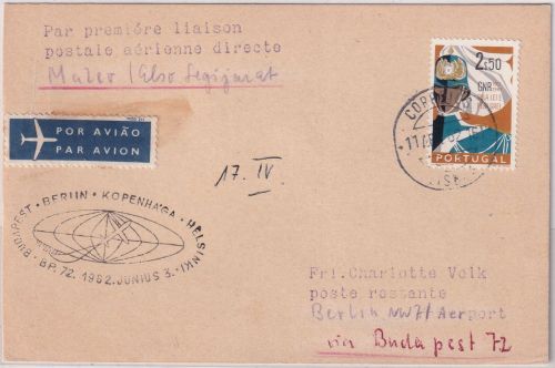 Portugal - Malev Erstflug Zuleitungspost Budapest Berlin/Ost 11.4./3.6.62