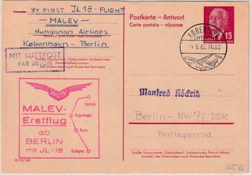 DDR - Malev Erstflug Kopenhagen Berlin/Ost 15 Pfg. Pieck Ganzsache/A-Teil