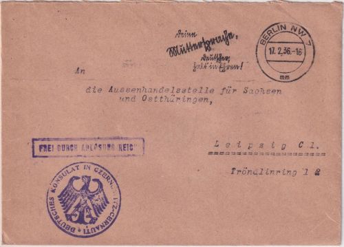 DR - Berlin 1936 Frei d. Ablösung Dt. Gesandtschaft Czernowitz Brief n. Leipzig