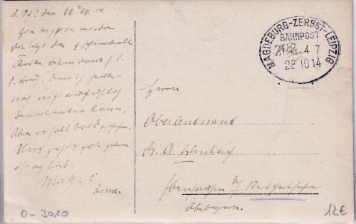 DR - Magdeburg Zerbst Leipzig Bahnpost Zug 47 Feldpostkarte n. Ebenhausen 1914