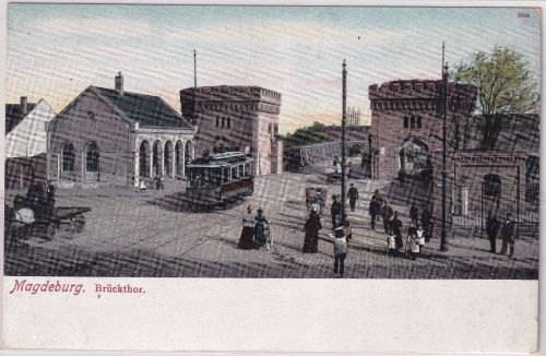 Sachsen-Anhalt - Magdeburg Brückthor Straßenbahn farb. Ak ungelaufen ca. 1900