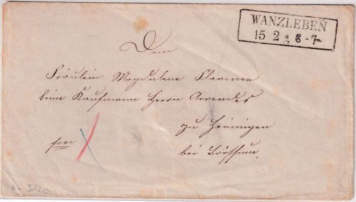 Preussen - Wanzleben 15/2 Ra2 Francobrief n. Heiningen - ohne Inhalt - ca. 1860
