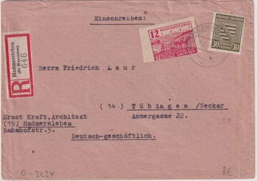 SBZ/Sachsen - 30 Pfg. Wappen u.a. Einschreibebrief Hadmersleben Tübingen 1.2.46
