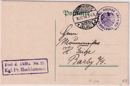 DR - Schönebeck (Elbe) Frei d. Ablösung Hochbauamt Karte n. Barby 1916