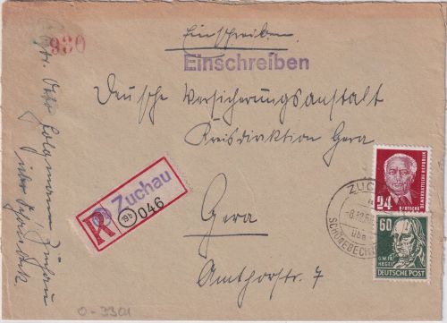 DDR - Zuchau ü. Schönebeck (Elbe) Poststelle I Einschreibebrief n. Gera 1953