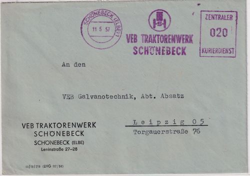 DDR - Schönebeck (Elbe) apt. 20 Pfg. ZKD-AFS "VEB Traktorenwerk" Brief 1957
