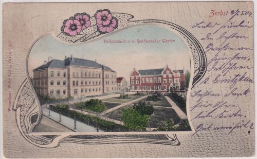 Sachsen-Anhalt - Zerbst Volksschule Jugenstil-Passepartout-AK gelaufen 1904