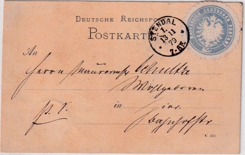 DR - Stendal 13/11 79 Ortskarte/Postsache Papiersiegel Kais. Dt. Postamt