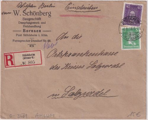 DR - Stöckheim (Altmark) Firmen-Einschreibebrief n. Salzwedel 1928