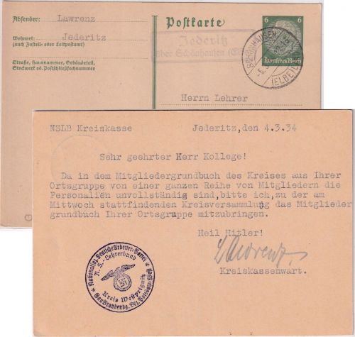 DR - Joderitz ü. Schönhausen (Elbe) landpost-Ra2 Ganzsache n. Wittenberge 1934