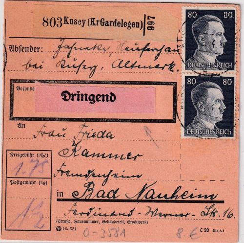 DR - 2x80 Pfg. AH u.a. Dringend-Paketkarte Kusey (Kr. Gardelegen) 1944