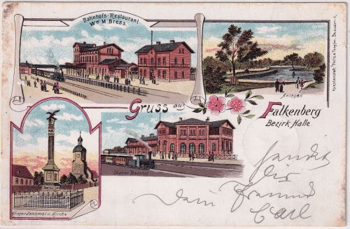 Sachsen-Anhalt - Falkenberg (Bz. Halle) Bahnhof etc. Mehrbild-Farblitho 1900