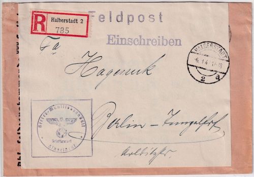 DR - Halbertsadt 1942 Feldpost-Einschreiben Heeres-Munitionsanstalt n. Berlin
