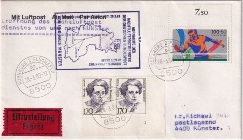 BRD - LH-Nachtluftpost Einbez. Münster/Osnabrück Nürnberg Münster 28.3.89