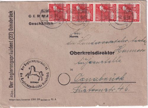 Bizone - 4x8 Pfg. Arbeiter/Band Ortsbrief >20g Osnabrück 29.6.48