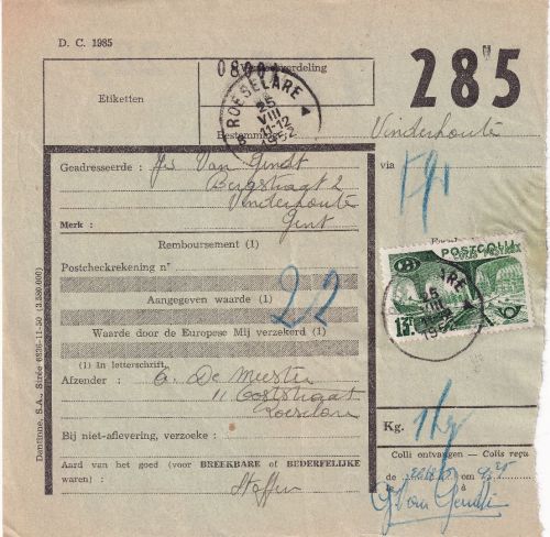 Belgien - 13 Fr. Postpaketmarke Paketkarte Roeselare - Gent 1952