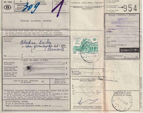 Belgien - 30 Fr. Postpaketmarke Bahnhof Arlon Paketkarte Herentals 1968