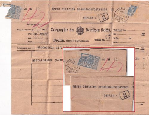 DR - Berlin Haupt-Telegraphenamt Telegramm aus Allenstein 1922 Rohrpost !