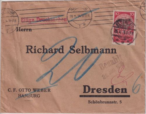 DR - 10 Pfg. Nothilfe Brief Elterlein - Dresden 1925 Nachporto